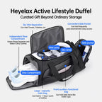 Heyelax duffel bag that comes with the leg massager, showing its shoe compartment, wet and dry pockets and side pocket