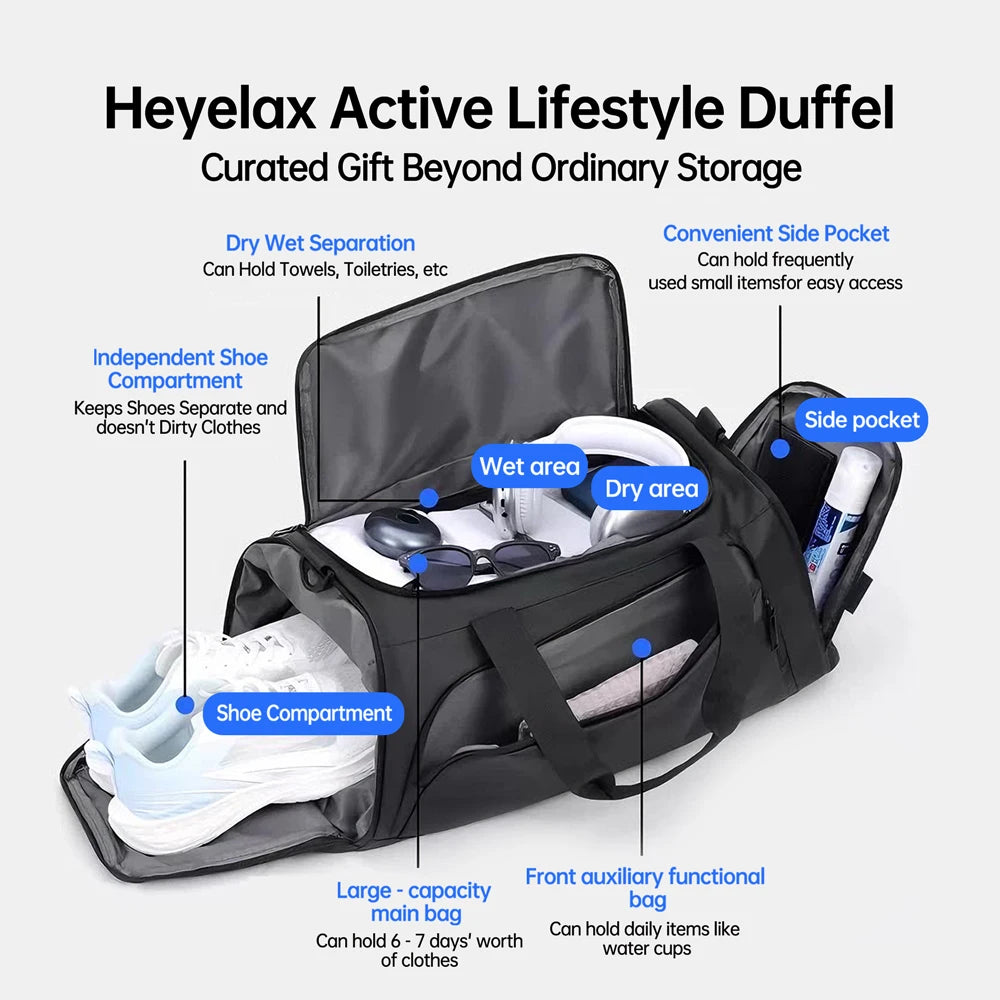 Heyelax duffel bag that comes with the leg massager, showing its shoe compartment, wet and dry pockets and side pocket