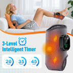 Woman relaxing on a sofa with the massager on her ankle, showing the timer options of 20, 35 and 45 minutes