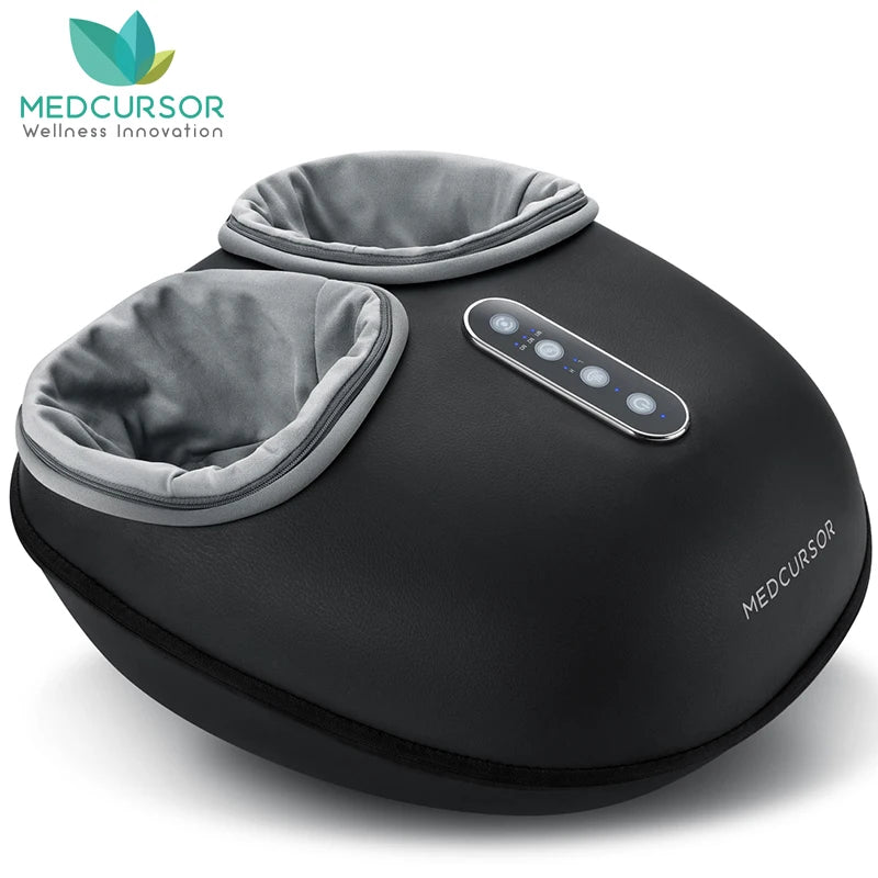 Black and gray Medcursor shiatsu foot massager with two foot openings and a row of control buttons