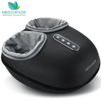 Black and gray Medcursor shiatsu foot massager with two foot openings and a row of control buttons