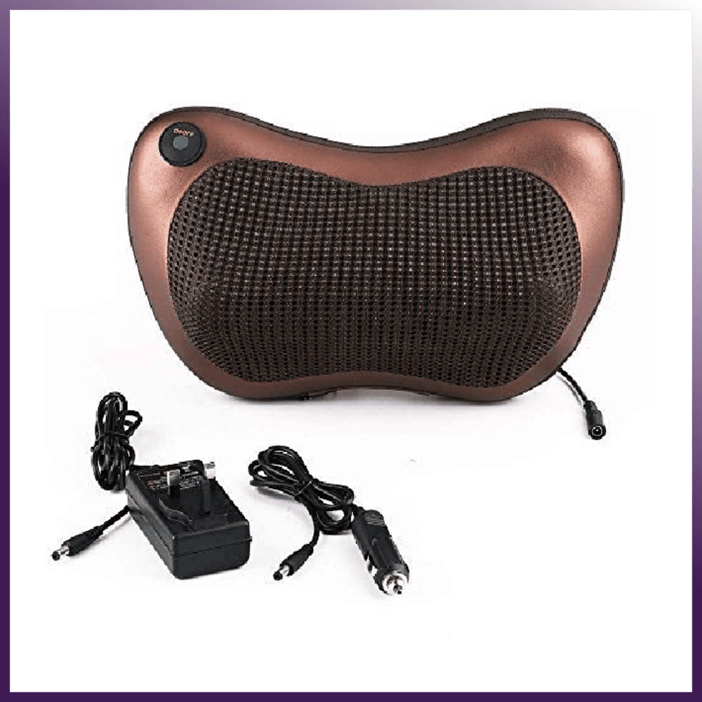 Brown shiatsu neck and back massage pillow with its home adapter and car adapter