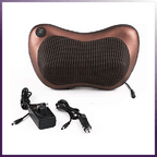 Brown shiatsu neck and back massage pillow with its home adapter and car adapter