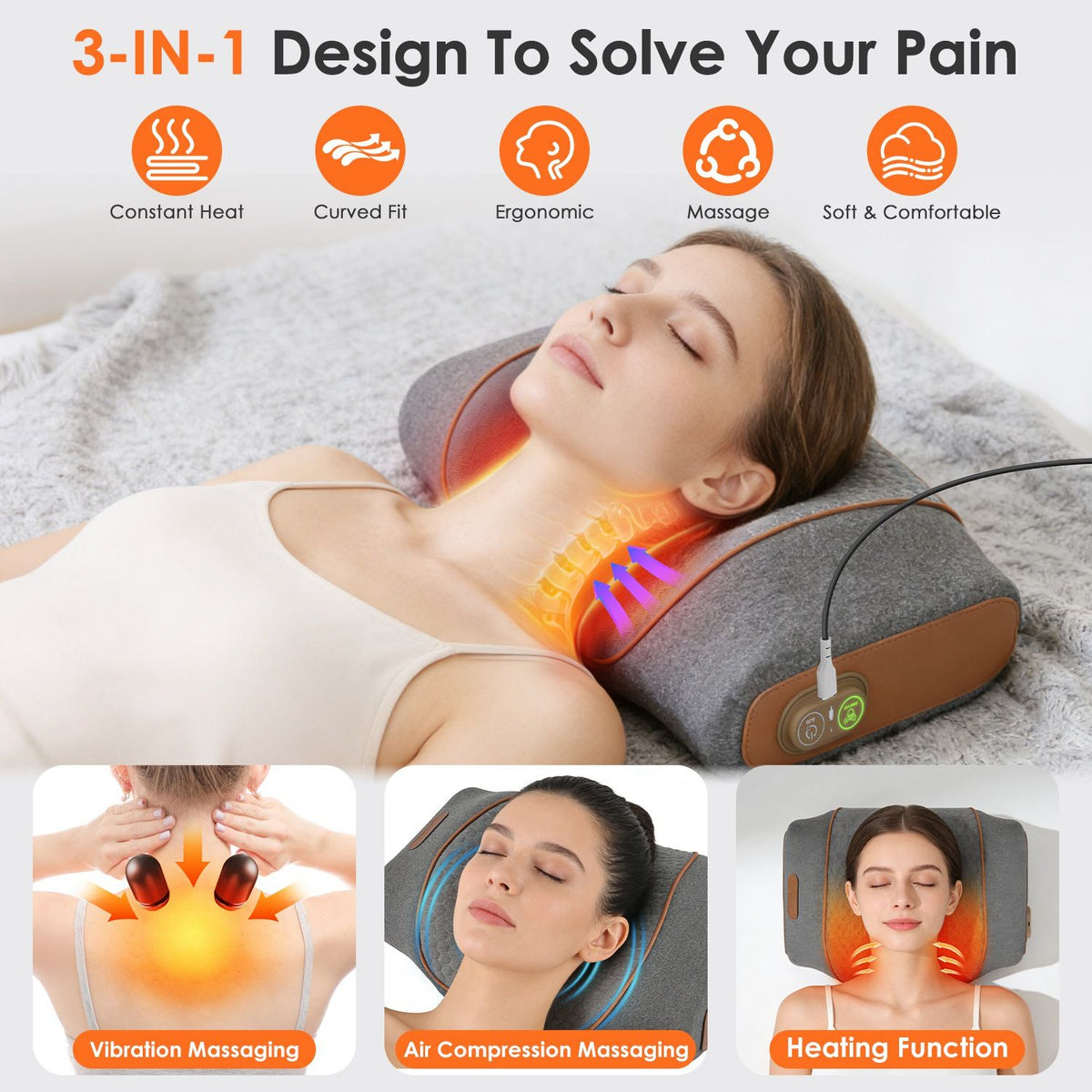Woman resting on the pillow with heat glowing at her neck, with small photos of vibration, air compression and heat