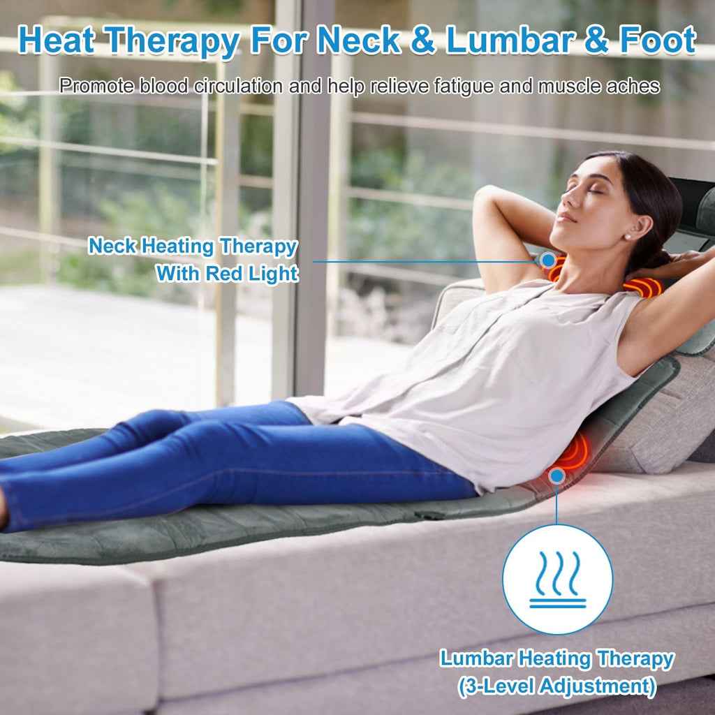 Woman relaxing on the mat with labels for neck heat and lumbar heat