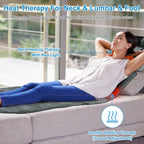 Woman relaxing on the mat with labels for neck heat and lumbar heat