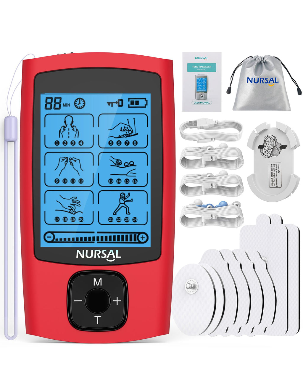 Red NURSAL TENS unit with its blue screen, storage pouch, lead wires, lanyard and electrode pads