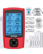 Red NURSAL TENS unit with its blue screen, storage pouch, lead wires, lanyard and electrode pads
