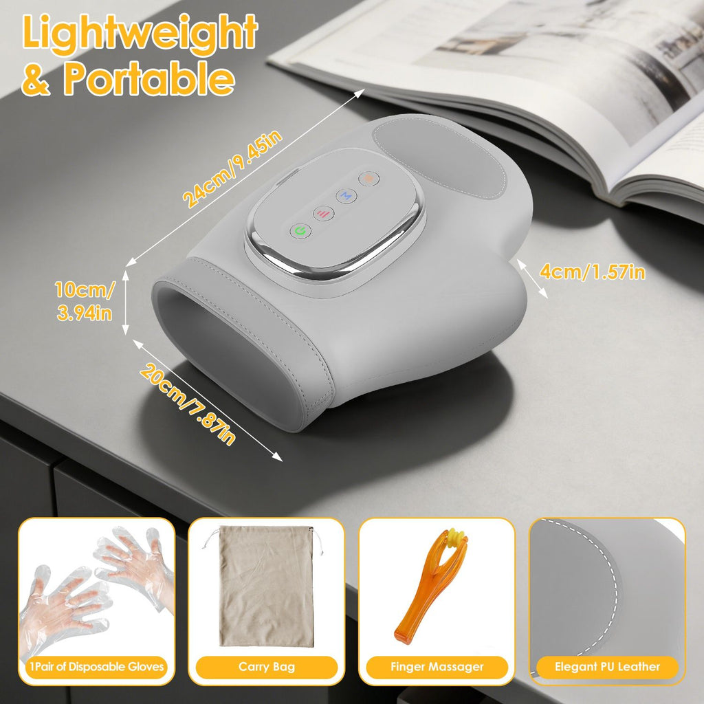 Hand massager size diagram with the carry bag, gloves and finger massager