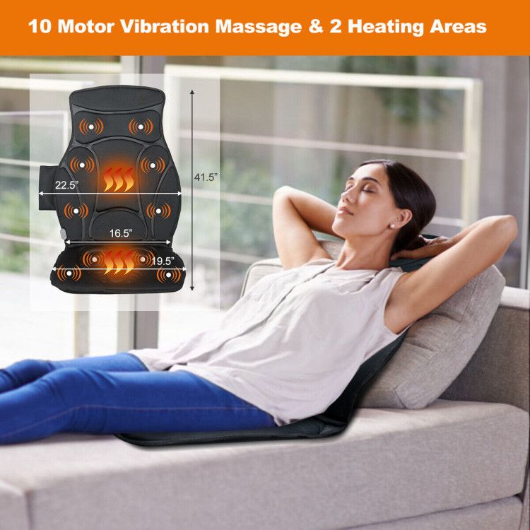 Woman relaxing on a sofa on the massage cushion, with the layout of its 10 motors and 2 heat zones