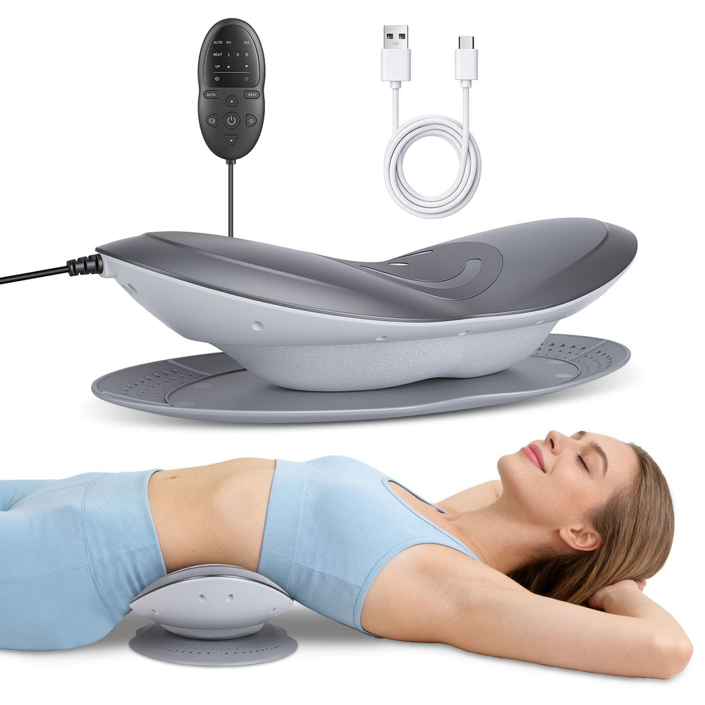 Lumbar massager with its controller and USB-C cable, above a woman lying on it