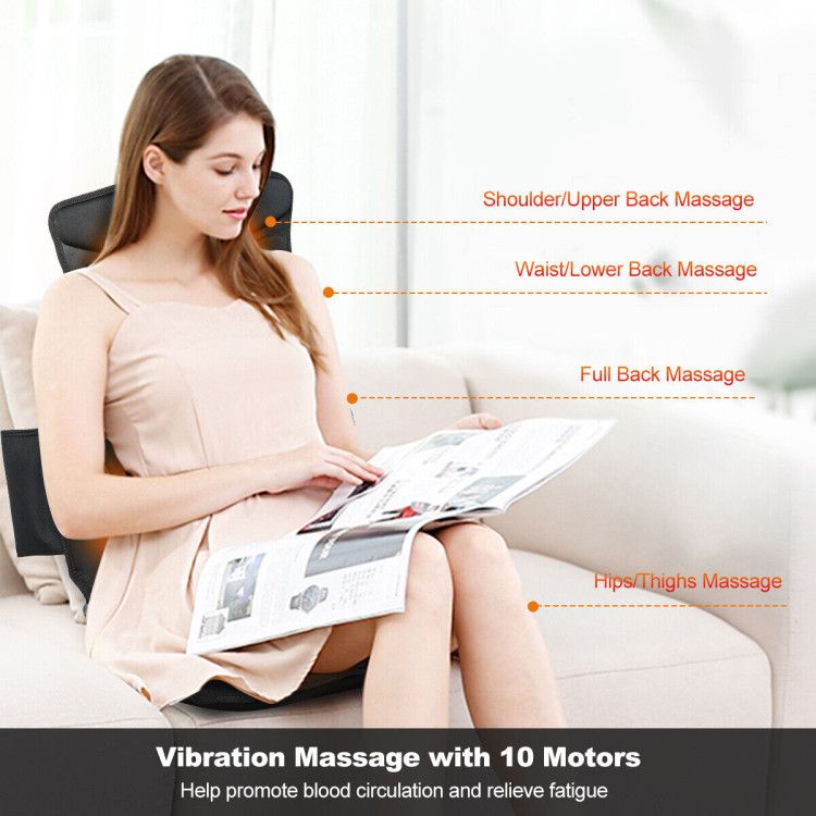 Woman reading in an armchair on the cushion, labeled with upper back, lower back, full back and thigh massage