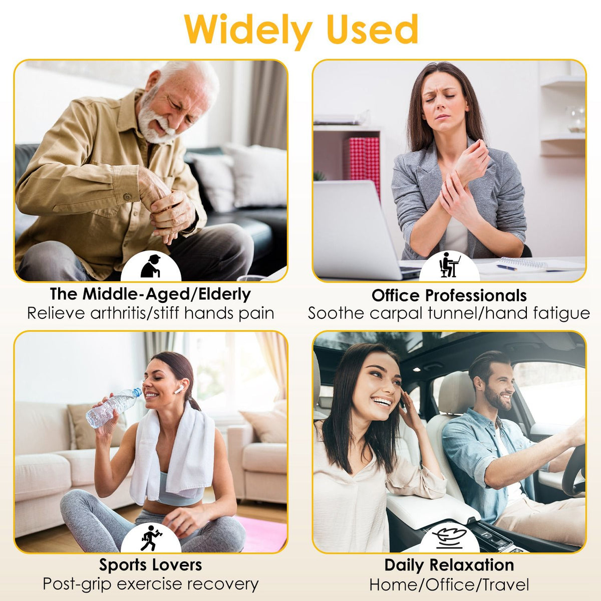 Photos of older adults, office workers and athletes using the hand massager