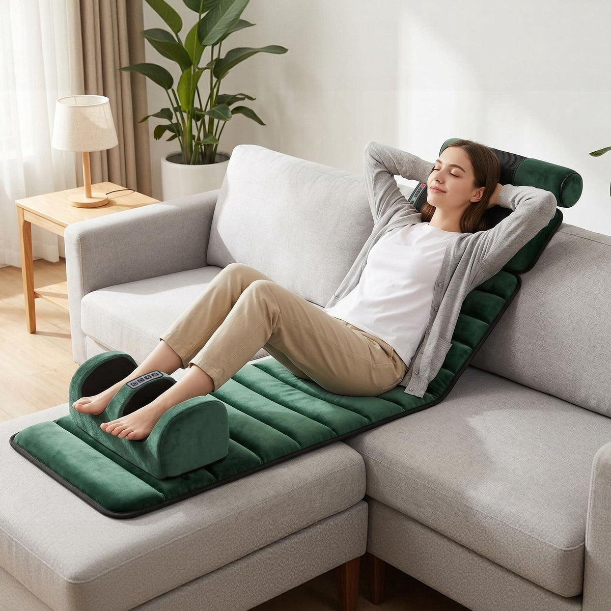 Woman relaxing on the green mat on a sofa with her feet in the foot massager