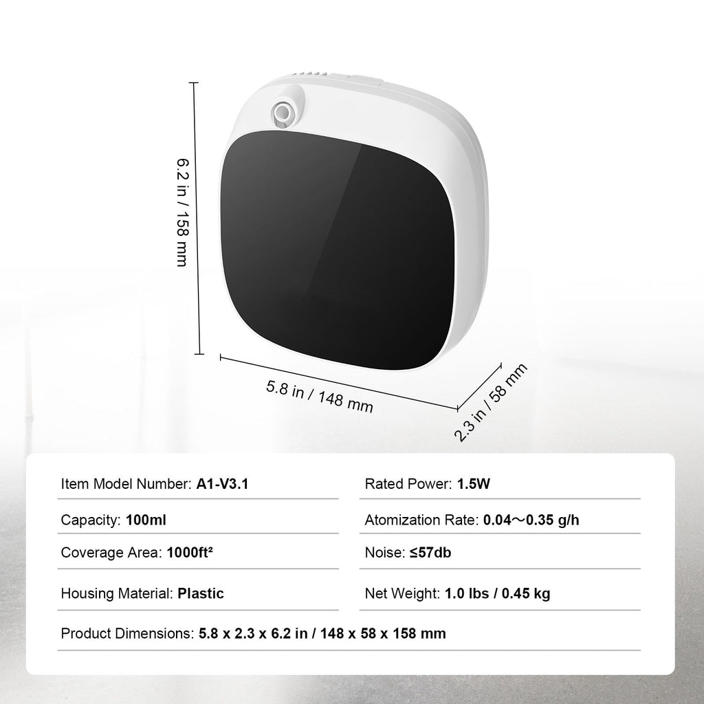 VEVOR waterless diffuser size and specifications: 100 ml capacity, covers up to 1,000 square feet, about 5.8 by 2.3 by 6.2 inches, weighs about 1 pound