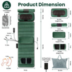Size diagram of the green mat, neck massager, foot massager, pillows and storage bag