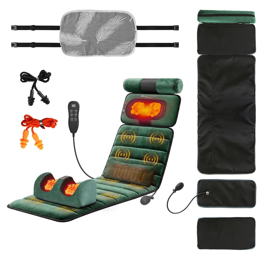 Green massage mat folded into a chair shape with the neck and foot massagers glowing warm, shown with the lumbar pillow, earplugs, controller and carry bag