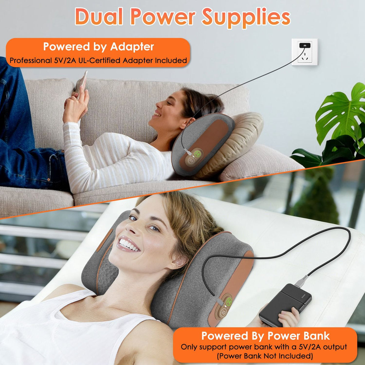 Two photos showing the pillow powered by its wall adapter or by a power bank
