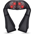 Black shiatsu neck and shoulder massager with arm loops, its kneading nodes glowing red