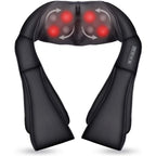 Black shiatsu neck and shoulder massager with arm loops, its kneading nodes glowing red
