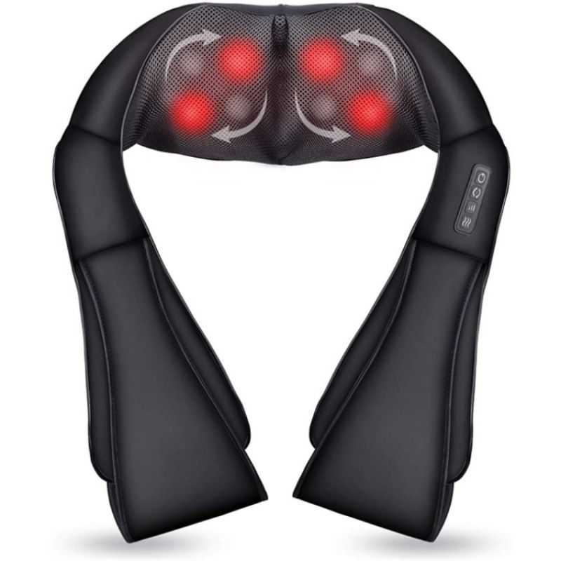 Black shiatsu neck and shoulder massager with arm loops, its kneading nodes glowing red