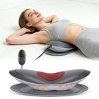 Woman lying on the lumbar massager, above a close-up of the massager with its red heat area glowing