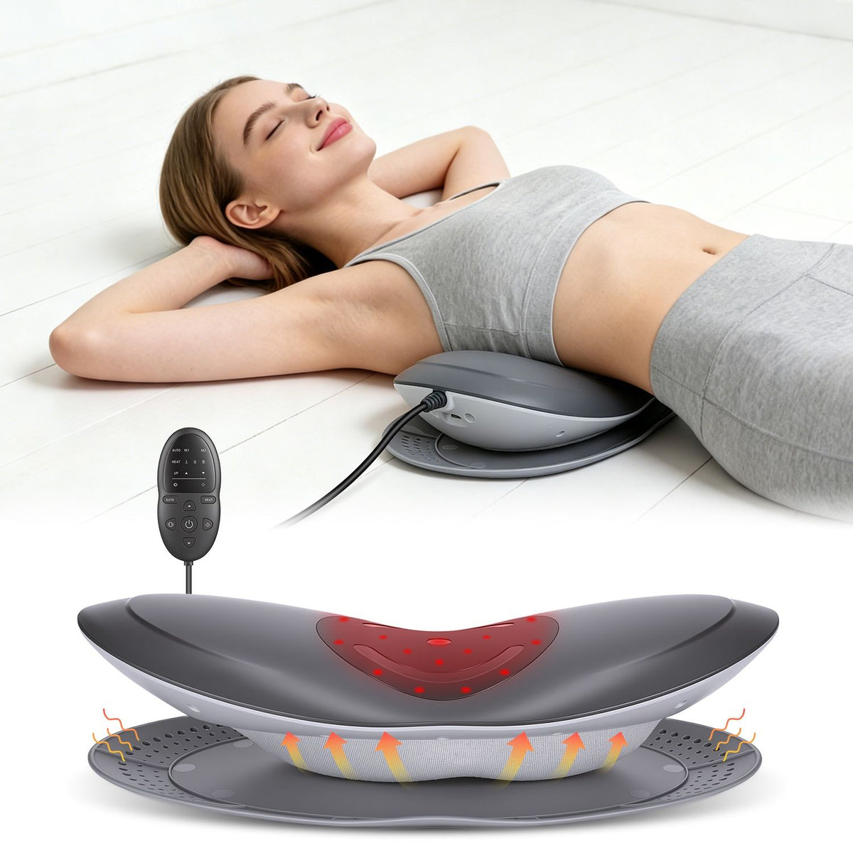 Woman lying on the lumbar massager, above a close-up of the massager with its red heat area glowing
