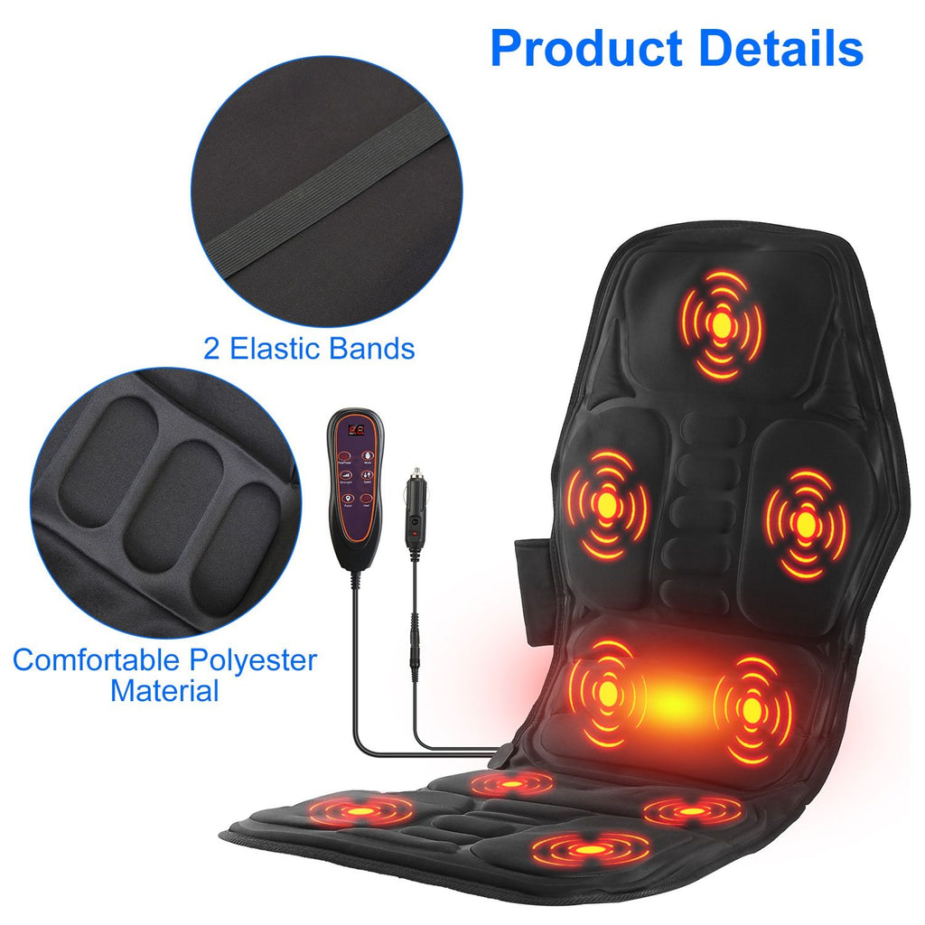Black massage pad with its controller, with close-ups of the elastic bands and polyester surface