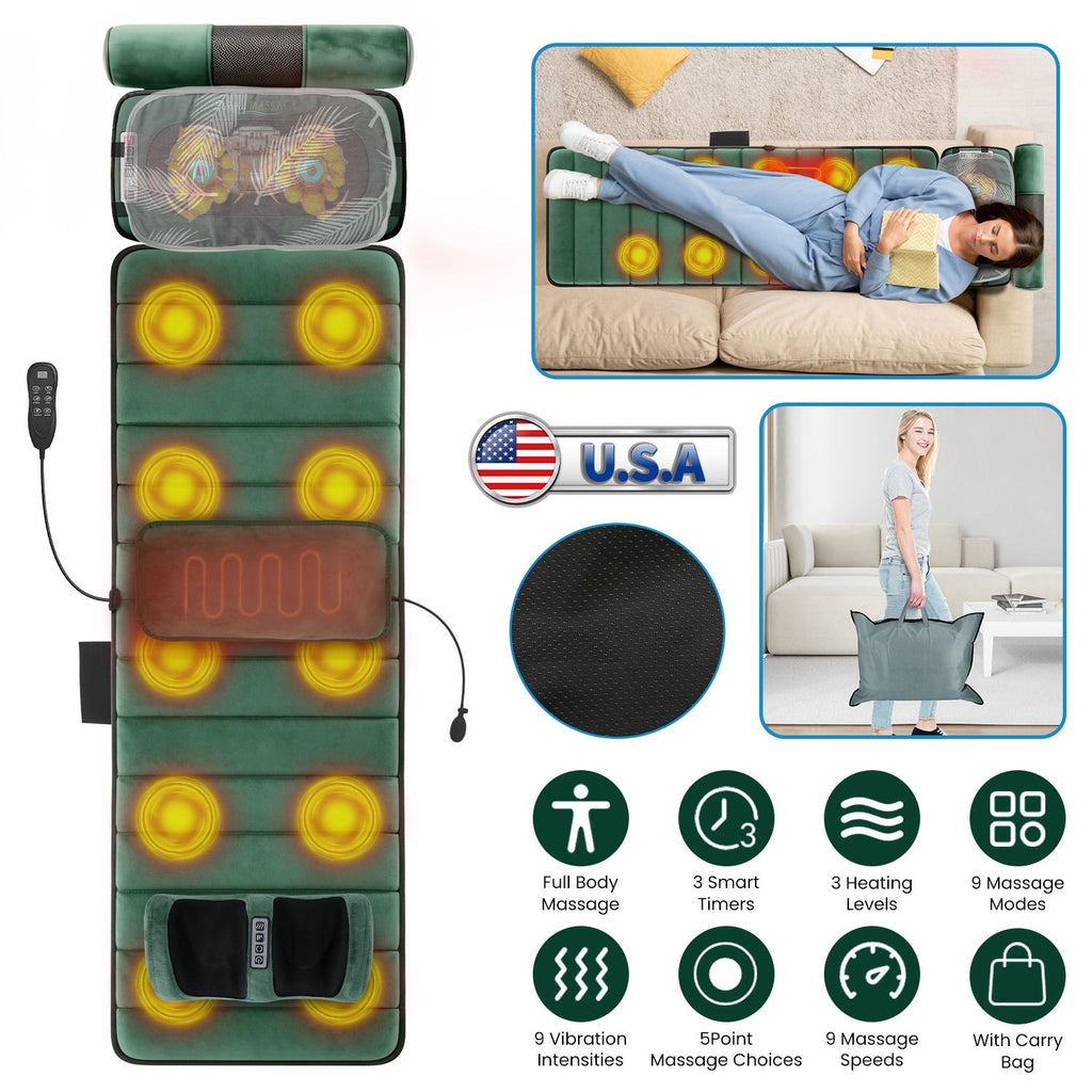 Green mat laid flat, with photos of it used on a sofa and packed into its bag