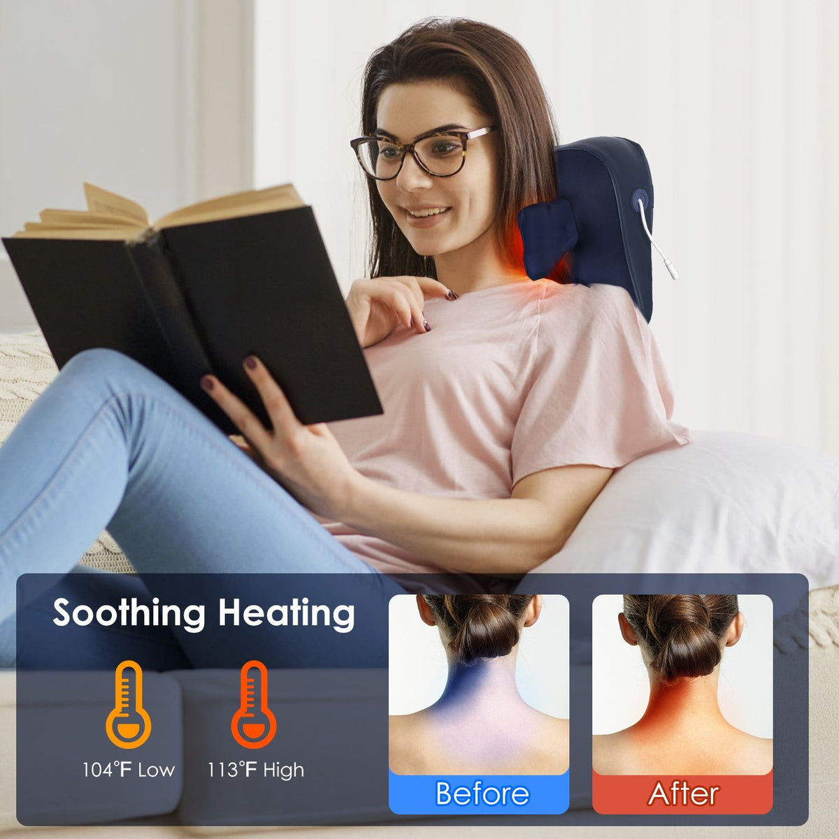 Woman reading with the navy massager behind her neck, with before and after neck drawings and 2 heat levels