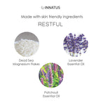 Innatus Restful bath soak ingredients: Dead Sea magnesium flakes with lavender and patchouli essential oils