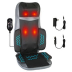 Gray and black shiatsu back and neck massage cushion with glowing kneading heads, controller, adapter and car cable