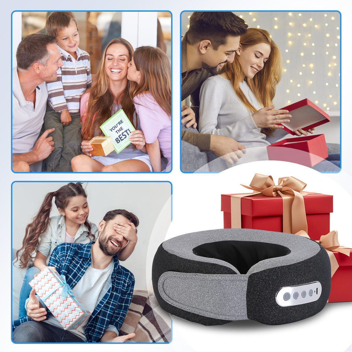 Collage of people giving and enjoying the neck pillow as a gift