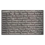 Ingredient label: safflower, sunflower and other oils, with eucalyptus, clove, geranium, fennel and ginger oils, sweet almond oil, avocado oil, apricot kernel oil, argan nut oil, vitamin E, and peppermint, rosemary and sweet orange scents