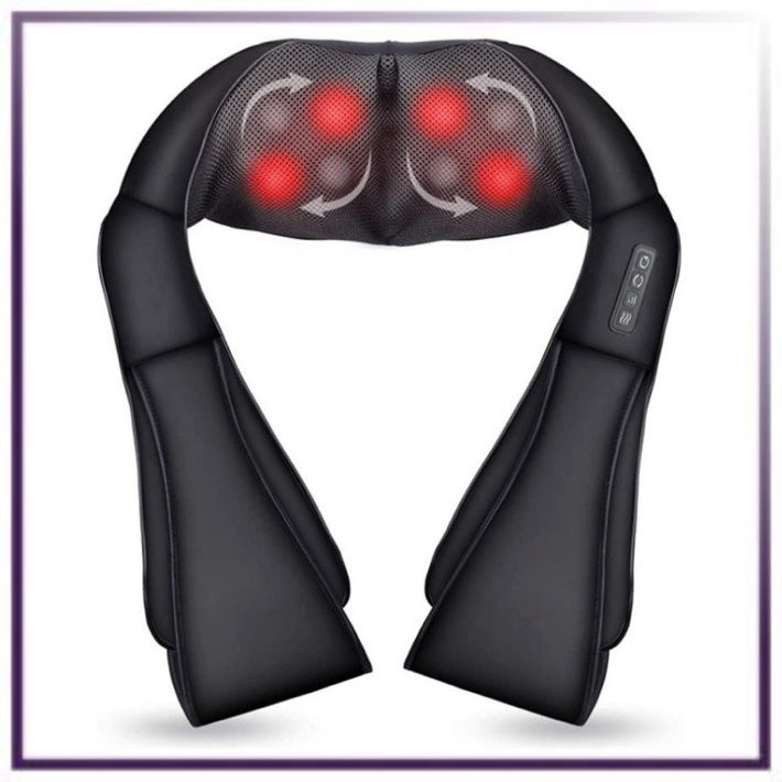 Black shiatsu neck and shoulder massager, front view with glowing kneading nodes