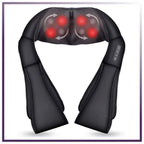 Black shiatsu neck and shoulder massager, front view with glowing kneading nodes