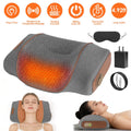 Gray memory foam neck pillow with its glowing heat area, adapter, cable and eye mask, with feature icons and photos of women resting on it