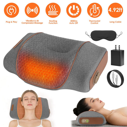 Gray memory foam neck pillow with its glowing heat area, adapter, cable and eye mask, with feature icons and photos of women resting on it