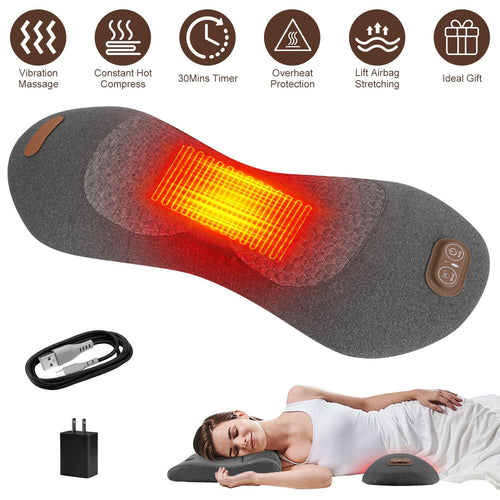 Dark gray lumbar massage pillow with its glowing heat pad, cable and adapter, with icons for vibration, heat, timer, overheat protection and airbag stretching