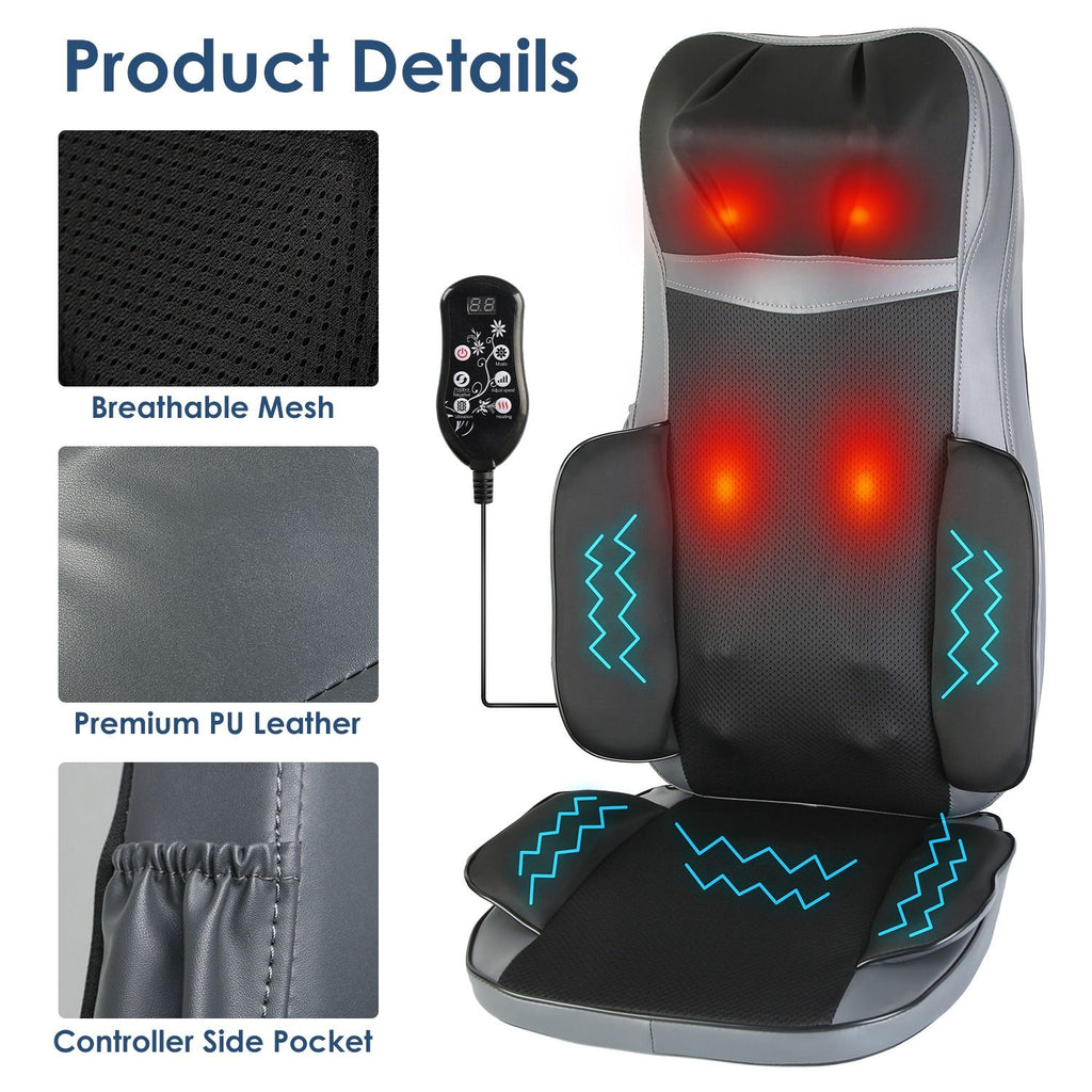 Massage cushion with close-ups of the breathable mesh, PU leather and the controller side pocket