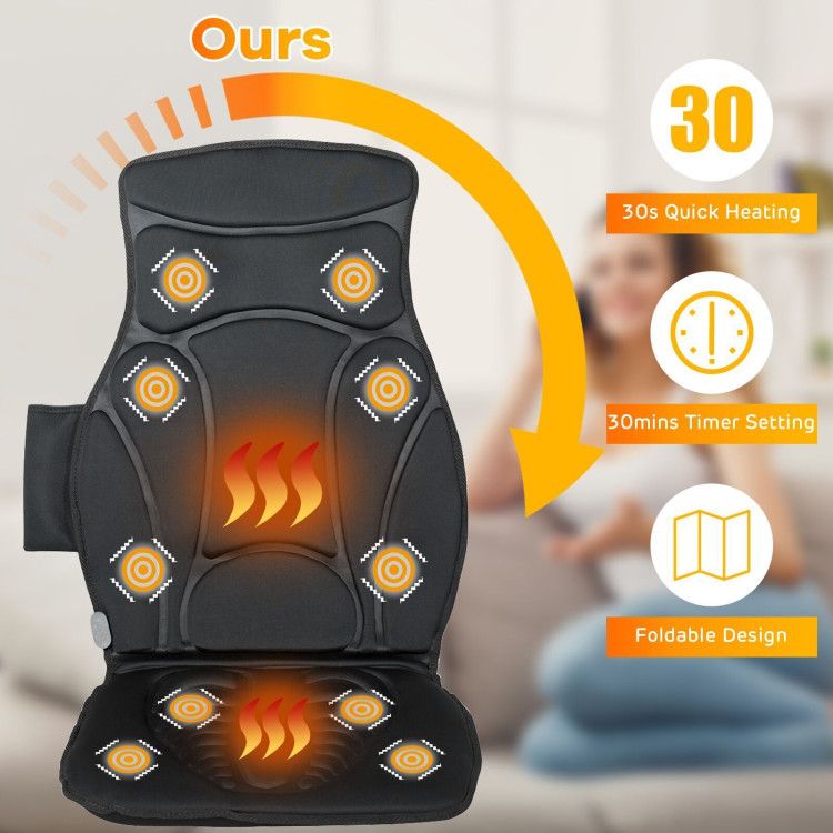 Black massage cushion showing its glowing heat areas, with icons for quick heating, a 30 minute timer and a foldable design
