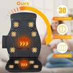 Black massage cushion showing its glowing heat areas, with icons for quick heating, a 30 minute timer and a foldable design