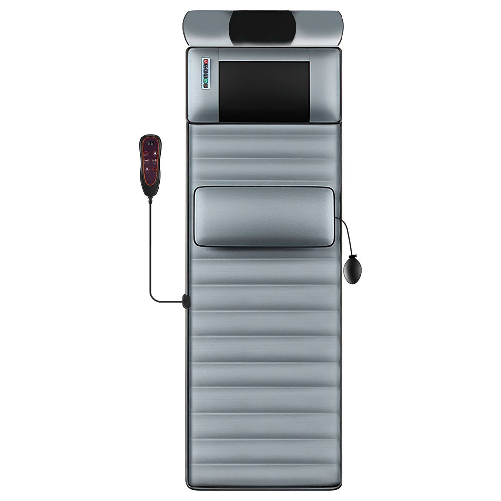 Gray full body massage mat with its attached neck massager, head pillow, lumbar pillow and handheld controller