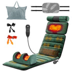 Green massage mat in a chair shape with its glowing neck and foot massagers, carry bag, earplugs and controller