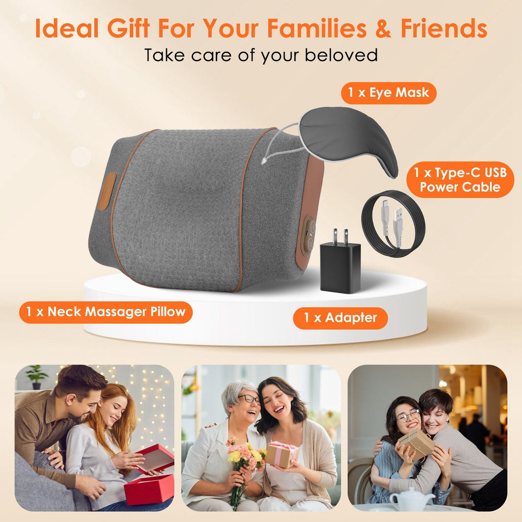 Neck pillow with its eye mask, cable and adapter, above photos of people giving it as a gift