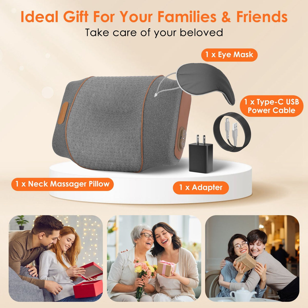 Neck pillow with its eye mask, cable and adapter, above photos of people giving it as a gift
