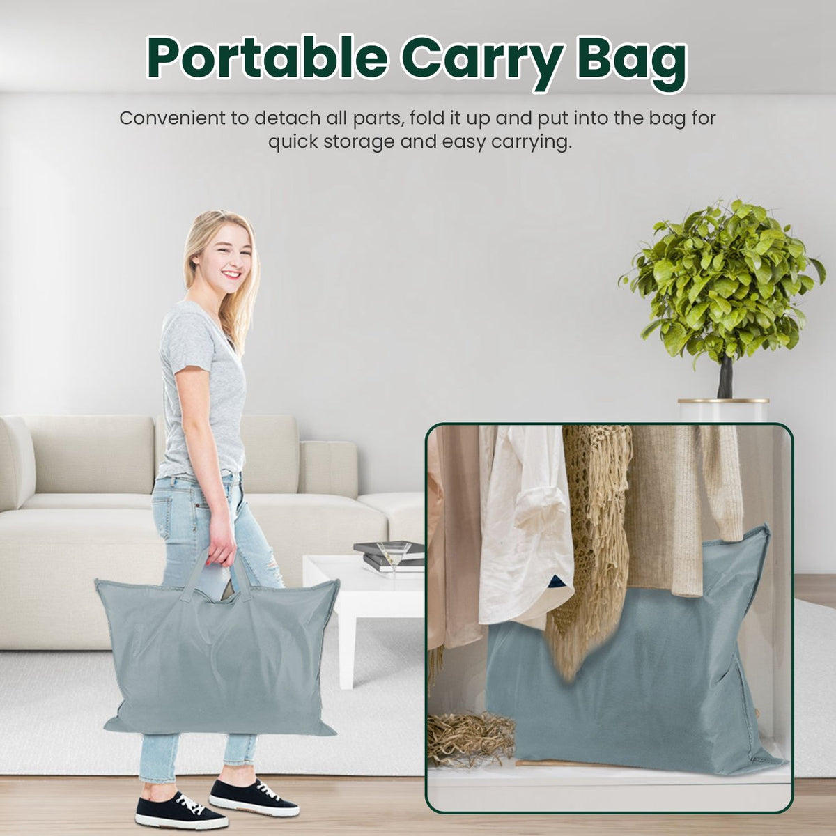 Woman carrying the mat in its gray carry bag