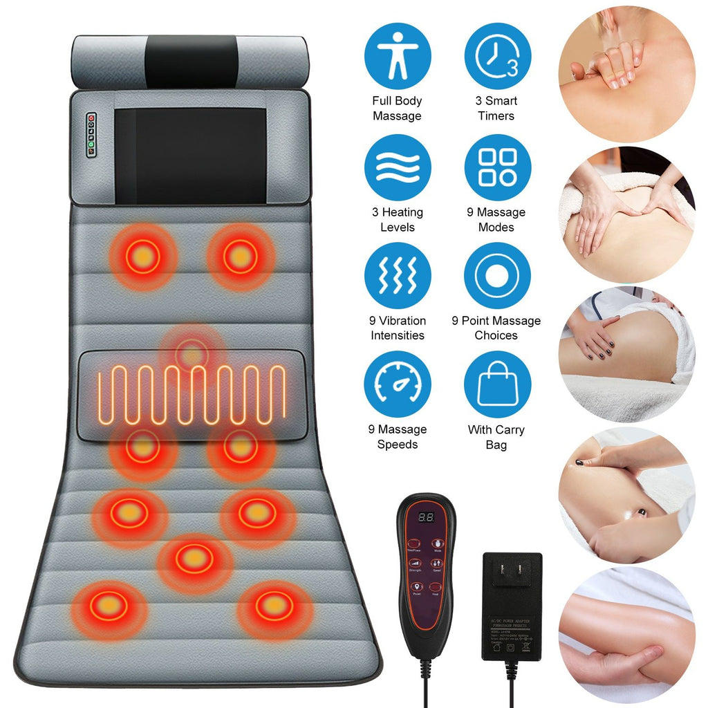 Gray massage mat with neck massager, lumbar heat pad, controller and adapter, with feature icons and close-up massage photos