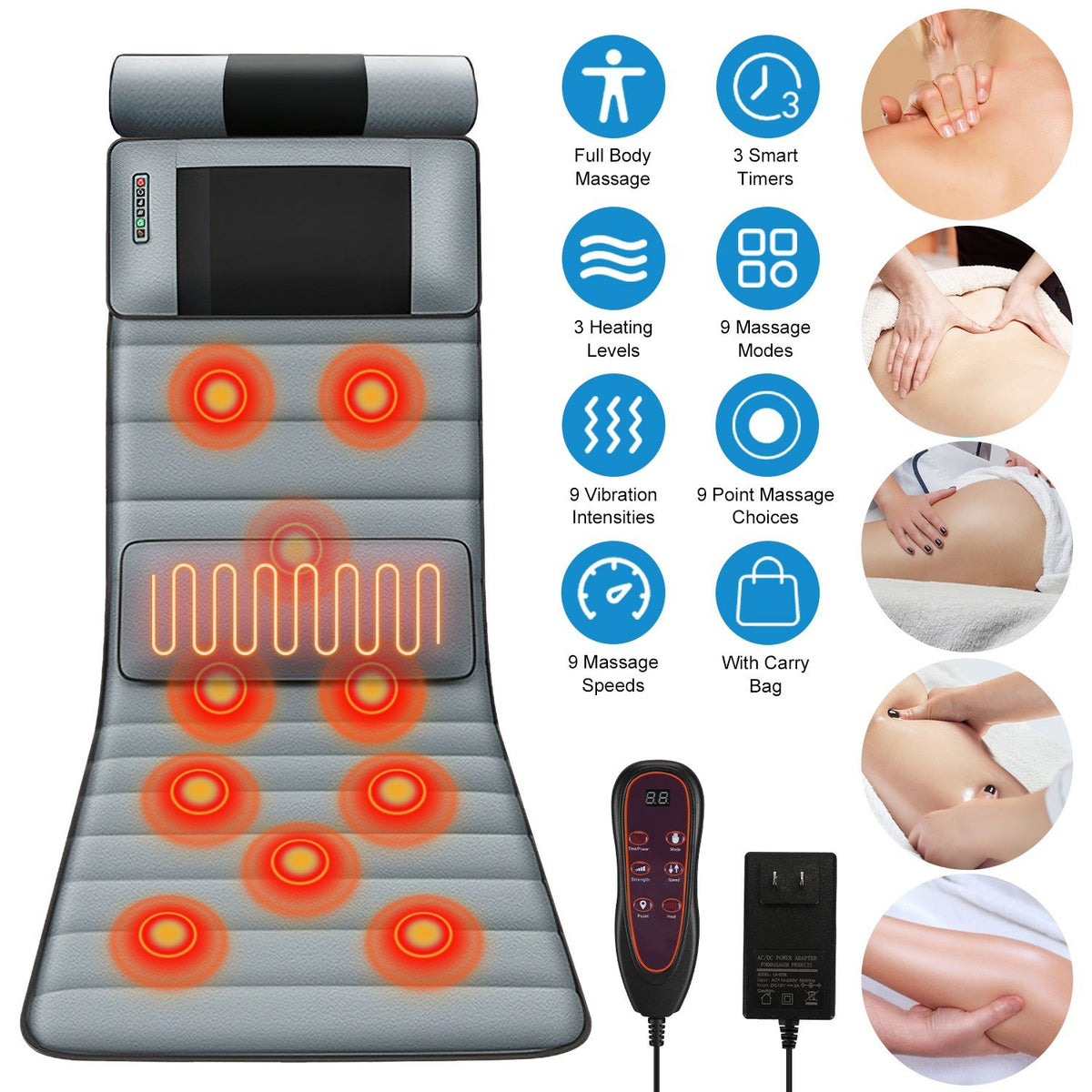 Gray massage mat with neck massager, lumbar heat pad, controller and adapter, with feature icons and close-up massage photos