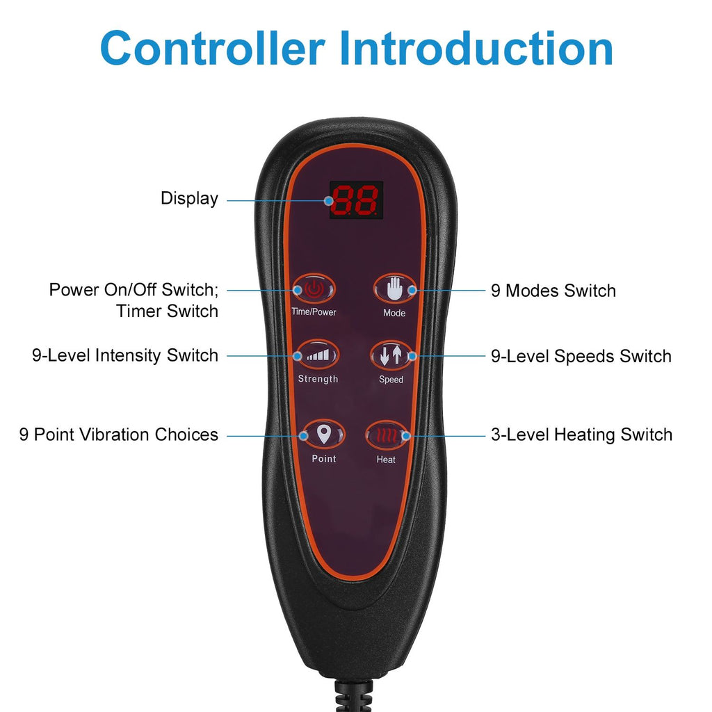 Close-up of the handheld controller with buttons for power, modes, intensity, speed, point vibration and heat